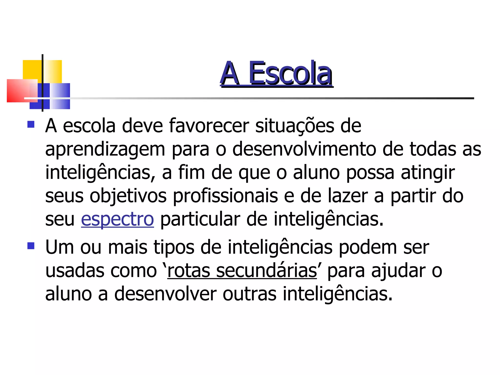 A Escola A escola deve favorecer situações de aprendizagem para o desenvolvimento de todas as inteligências, a fim de que o aluno possa atingir seus objetivos profissionais e de lazer a partir do seu  espectro   particular de inteligências. Um ou mais tipos de inteligências podem ser usadas como ‘ rotas secundárias ’ para ajudar o aluno a desenvolver outras inteligências.  