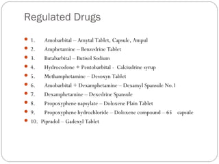 Regulated Drugs
 
 1.      Amobarbital – Amytal Tablet, Capsule, Ampul
 2.      Amphetamine – Benzedrine Tablet
 3.      Butabarbital – Butisol Sodium
 4.      Hydrocodone + Pentobarbital - Calciudrine syrup
 5.      Methamphetamine – Desoxyn Tablet
 6.      Amobarbital + Dexamphetamine – Dexamyl Spansule No.1
 7.      Dexamphetamine – Dexedrine Spansule
 8.      Propoxyphene napsylate – Doloxene Plain Tablet
 9.      Propoxyphene hydrochloride – Doloxene compound – 65 capsule
 10.  Pipradol – Gadexyl Tablet
 
