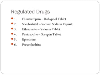 Regulated Drugs
1.      Flunitrazepam – Robypnol Tablet
2.      Secobarbital – Seconal Sodium Capsule
3.      Ethinamate – Valamin Tablet
4.      Pentazocine – Sosegon Tablet
5.      Ephedrine
6.      Pseuephedrine
 
 