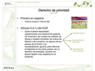 Internacional 1.- Convenio de la Unión de París




                                             Derecho de prioridad
                                                    Art. 4 CUP


• Primero en registrar
         – First to invent // First to file


• Artículo 4.A.1) del CUP
         – Quien hubiere depositado
                                                                     Depósito regular
           regularmente una solicitud de patente
           de invención, de modelo de utilidad, de
           dibujo o modelo industrial, de marca de                  Nacionalidad del
           fábrica o de comercio, en alguno de los                  solicitante
           países de la Unión o su
           causahabiente, gozará, para efectuar
           el depósito en los otros países, de un                   Naturaleza del
                                                                    título solicitado
           derecho de prioridad, durante los
           plazos fijados más adelante en el
           presente



                                                                                        23
 