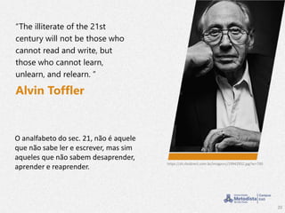 20
“The illiterate of the 21st
century will not be those who
cannot read and write, but
those who cannot learn,
unlearn, and relearn. ”
Alvin Toffler
O analfabeto do sec. 21, não é aquele
que não sabe ler e escrever, mas sim
aqueles que não sabem desaprender,
aprender e reaprender.
https://zh.rbsdirect.com.br/imagesrc/19942952.jpg?w=700
 