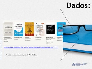 Dados:
ImagemdeAcervoparticulardeWagnerGonsalez
https://www.estantevirtual.com.br/listas/wagner-gonsalez/inovacao-279555
Baseado nos estudos no grande Murilo Gun
 