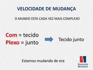 VELOCIDADE DE MUDANÇA
O MUNDO ESTA CADA VEZ MAIS COMPLEXO
Com = tecido
Plexo = junto
Tecido junto
Estamos mudando de era
 
