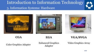 Introduction to Information Technology
3. Information Systems: Hardware
100
CGA
Color Graphics Adapter
EGA
Enhanced Graphics
Adapter
VGA/SVGA
Video Graphics Array
 