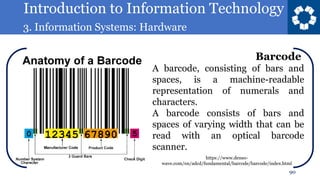 Introduction to Information Technology
3. Information Systems: Hardware
90
A barcode, consisting of bars and
spaces, is a machine-readable
representation of numerals and
characters.
A barcode consists of bars and
spaces of varying width that can be
read with an optical barcode
scanner.
Barcode
https://www.denso-
wave.com/en/adcd/fundamental/barcode/barcode/index.html
 