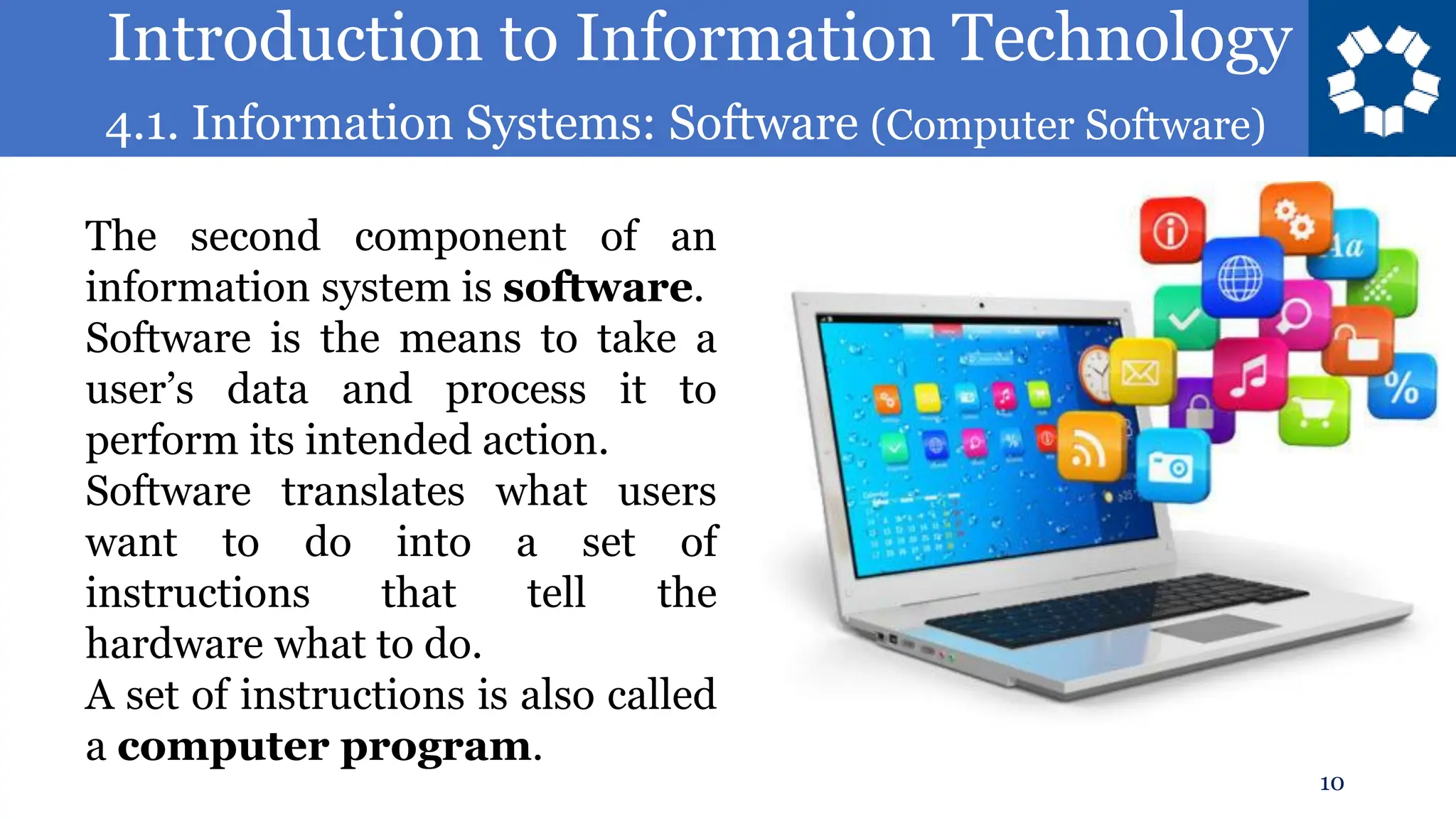 Introduction to Information Technology
4.1. Information Systems: Software (Computer Software)
10
The second component of an
information system is software.
Software is the means to take a
user’s data and process it to
perform its intended action.
Software translates what users
want to do into a set of
instructions that tell the
hardware what to do.
A set of instructions is also called
a computer program.
 