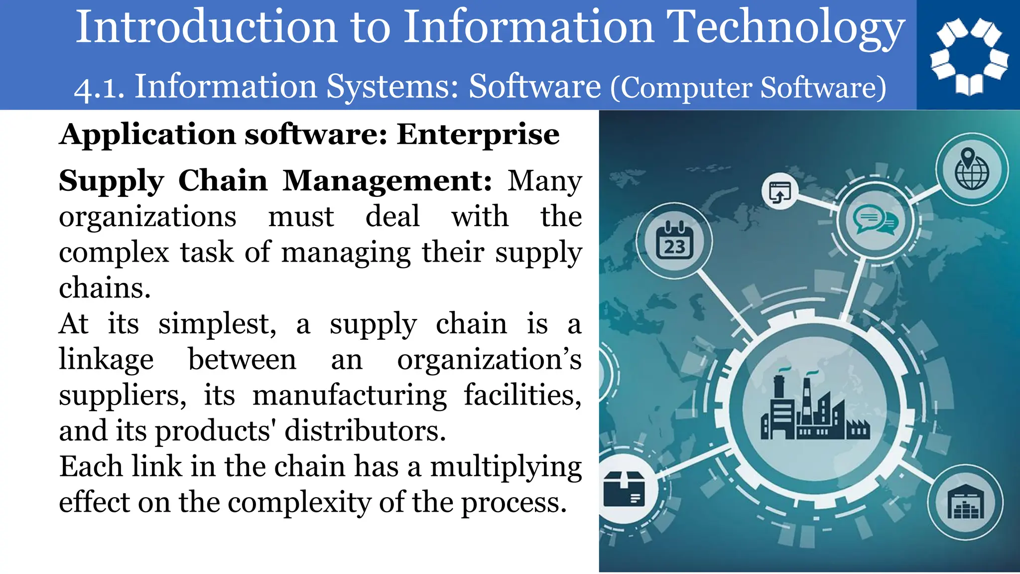 Introduction to Information Technology
4.1. Information Systems: Software (Computer Software)
58
Supply Chain Management: Many
organizations must deal with the
complex task of managing their supply
chains.
At its simplest, a supply chain is a
linkage between an organization’s
suppliers, its manufacturing facilities,
and its products' distributors.
Each link in the chain has a multiplying
effect on the complexity of the process.
Application software: Enterprise
 