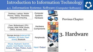 Introduction to Information Technology
4.1. Information Systems: Software (Computer Software)
3. Hardware
4
Previous Chapter:
Computer
Systems
Hardware
Hardware
Components
Peripherals
Input / Output
Desktops, Laptops, Mobile
Phones, Tablets, Wearables,
Integrated Computing.
Case, Motherboard, CPU,
Chipset, RAM, ROM, Buses,
CMOS, Sockets, Slots.
Storage devices (external HD,
Diskettes, SD cards, Flash
drives), Bluetooth.
Mouse, Keyboard, Scanner,
Joystick, Card Reader, Camera.
Screens, Printers, Plotters, Audio
Output.
 