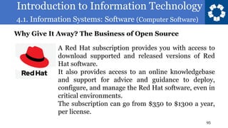Introduction to Information Technology
4.1. Information Systems: Software (Computer Software)
95
Why Give It Away? The Business of Open Source
A Red Hat subscription provides you with access to
download supported and released versions of Red
Hat software.
It also provides access to an online knowledgebase
and support for advice and guidance to deploy,
configure, and manage the Red Hat software, even in
critical environments.
The subscription can go from $350 to $1300 a year,
per license.
 