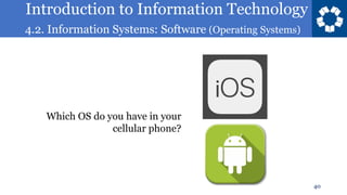 Introduction to Information Technology
4.2. Information Systems: Software (Operating Systems)
40
Which OS do you have in your
cellular phone?
 