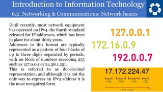 Introduction to Information Technology
6.2. Networking & Communications: Network basics
11
Until recently, most network equipment
has operated on IPv4, the fourth standard
released for IP addresses, which has been
in place for about thirty years.
Addresses in this format are typically
represented as a pattern of four blocks of
up to three digits separated by periods,
with no block of numbers exceeding 255
such as 127.0.0.1 or 24.38.1.251.
This is referred to as dot-decimal
representation, and although it is not the
only way to express an IPv4 address it is
the most recognized form.
 
