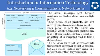 Introduction to Information Technology
6.2. Networking & Communications: Network basics
17
The actual messages sent between
machines are broken down into multiple
pieces.
These pieces, called packets, are sent
piece by piece from sender to recipient.
Each packet is sent the fastest way
possible, which means some packets may
take different routes—picture a short cut,
or getting off a congested road to take a
different one.
This helps to ensure that the message gets
from sender to receiver as fast as possible,
but also means packets may arrive in a
different order than they were sent.
 