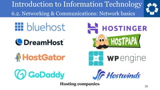 Introduction to Information Technology
6.2. Networking & Communications: Network basics
33
Hosting companies
 
