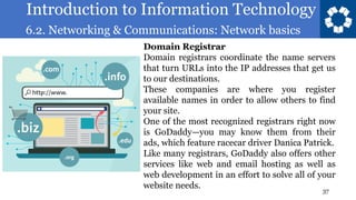 Introduction to Information Technology
6.2. Networking & Communications: Network basics
37
Domain Registrar
Domain registrars coordinate the name servers
that turn URLs into the IP addresses that get us
to our destinations.
These companies are where you register
available names in order to allow others to find
your site.
One of the most recognized registrars right now
is GoDaddy—you may know them from their
ads, which feature racecar driver Danica Patrick.
Like many registrars, GoDaddy also offers other
services like web and email hosting as well as
web development in an effort to solve all of your
website needs.
 