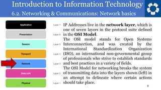 Introduction to Information Technology
6.2. Networking & Communications: Network basics
8
IP Addresses live in the network layer, which is
one of seven layers in the protocol suite defined
in the OSI Model.
The OSI model stands for Open Systems
Interconnection, and was created by the
International Standardization Organization
(ISO), an international non-governmental group
of professionals who strive to establish standards
and best practices in a variety of fields.
The OSI Model for networking breaks the system
of transmitting data into the layers shown (left) in
an attempt to delineate where certain actions
should take place.
 