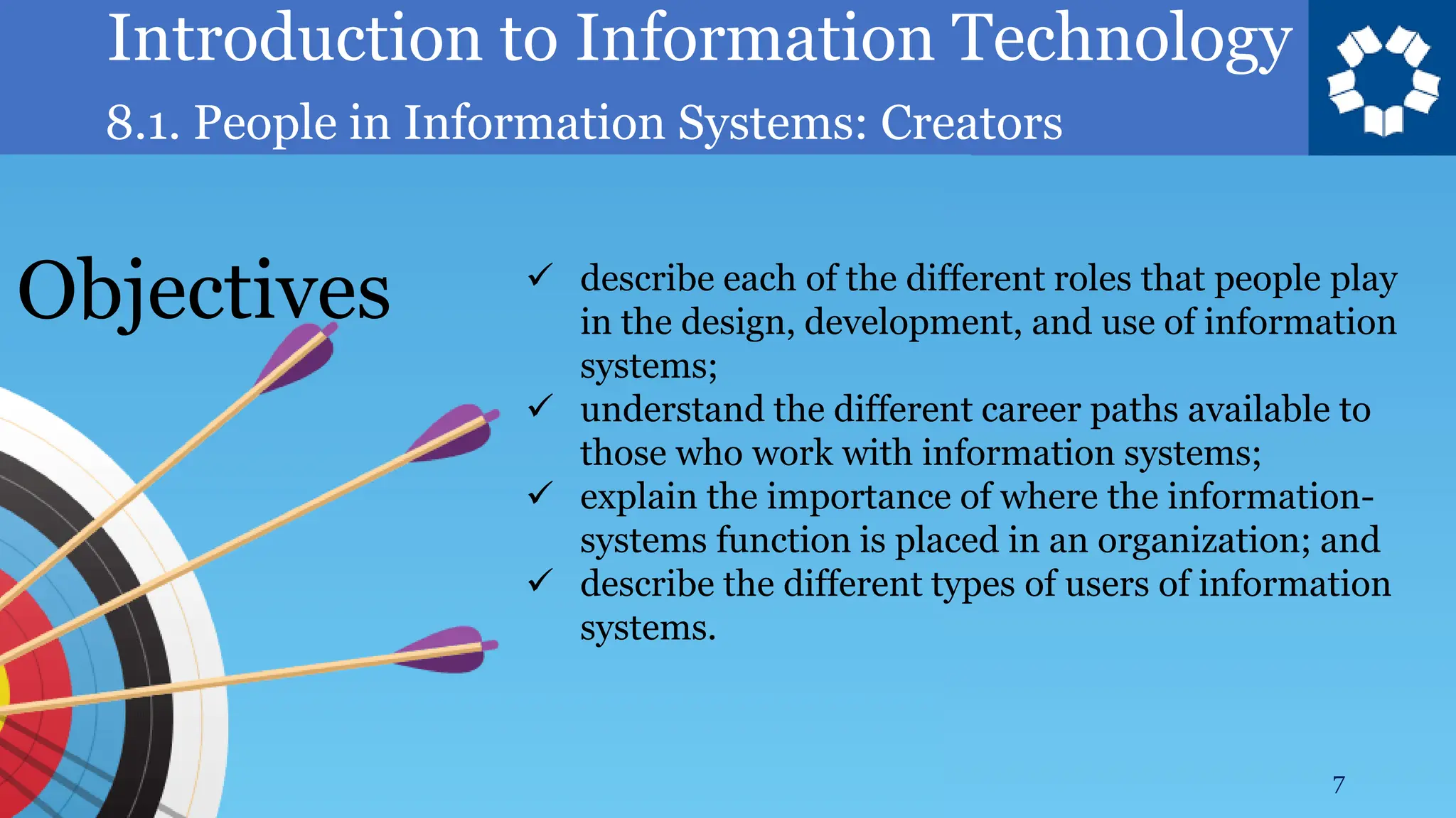 Introduction to Information Technology
8.1. People in Information Systems: Creators
7
✓ describe each of the different roles that people play
in the design, development, and use of information
systems;
✓ understand the different career paths available to
those who work with information systems;
✓ explain the importance of where the information-
systems function is placed in an organization; and
✓ describe the different types of users of information
systems.
Objectives
 