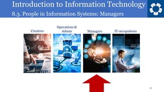 Introduction to Information Technology
8.3. People in Information Systems: Managers
2
Operations &
Admin
Creators Managers IT occupations
 