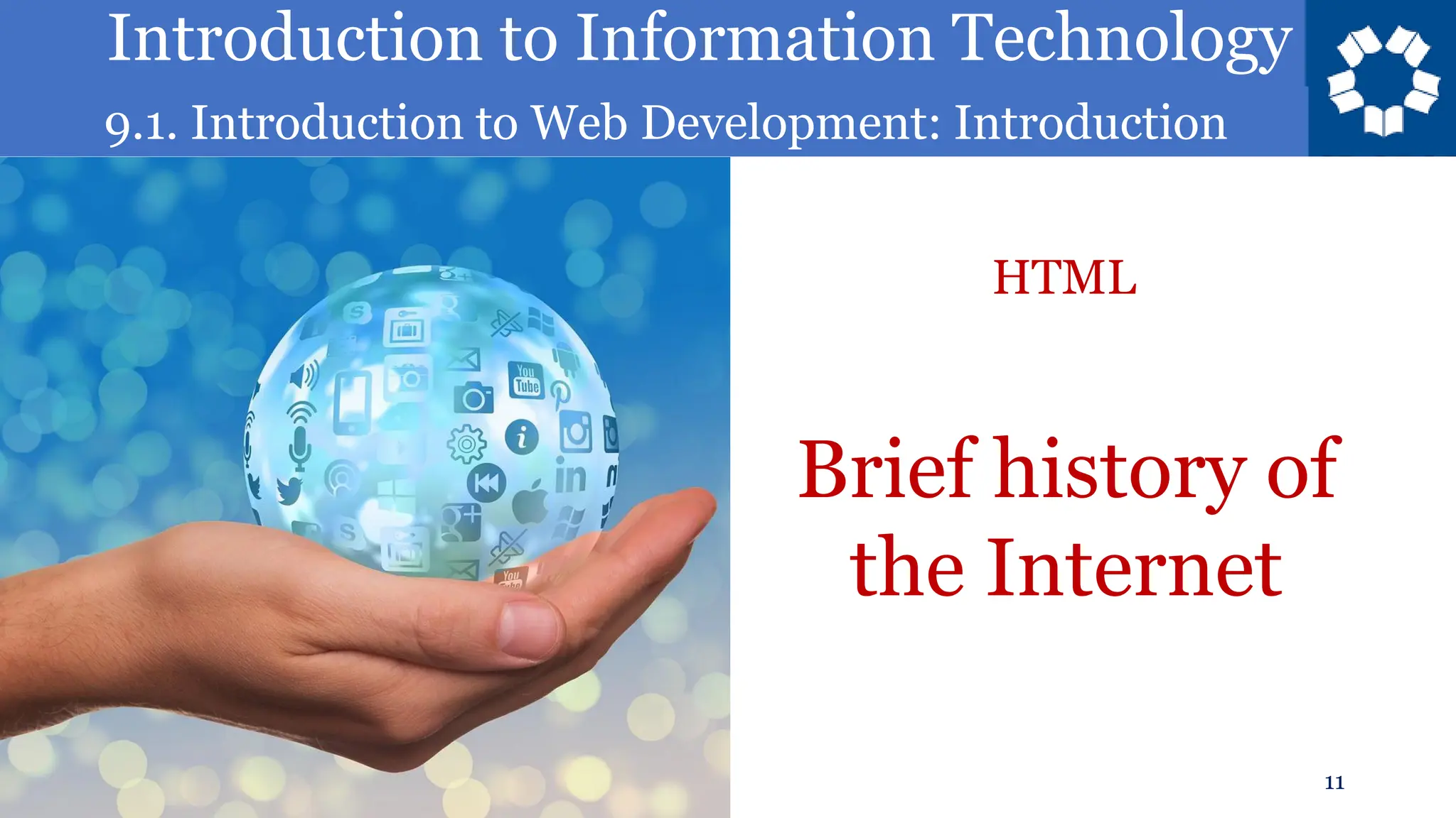 Introduction to Information Technology
9.1. Introduction to Web Development: Introduction
11
Brief history of
the Internet
HTML
 