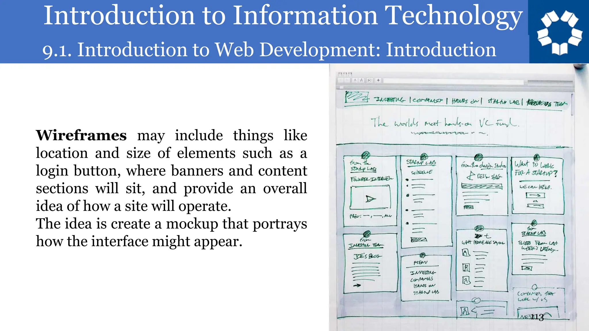 Introduction to Information Technology
9.1. Introduction to Web Development: Introduction
113
Wireframes may include things like
location and size of elements such as a
login button, where banners and content
sections will sit, and provide an overall
idea of how a site will operate.
The idea is create a mockup that portrays
how the interface might appear.
 