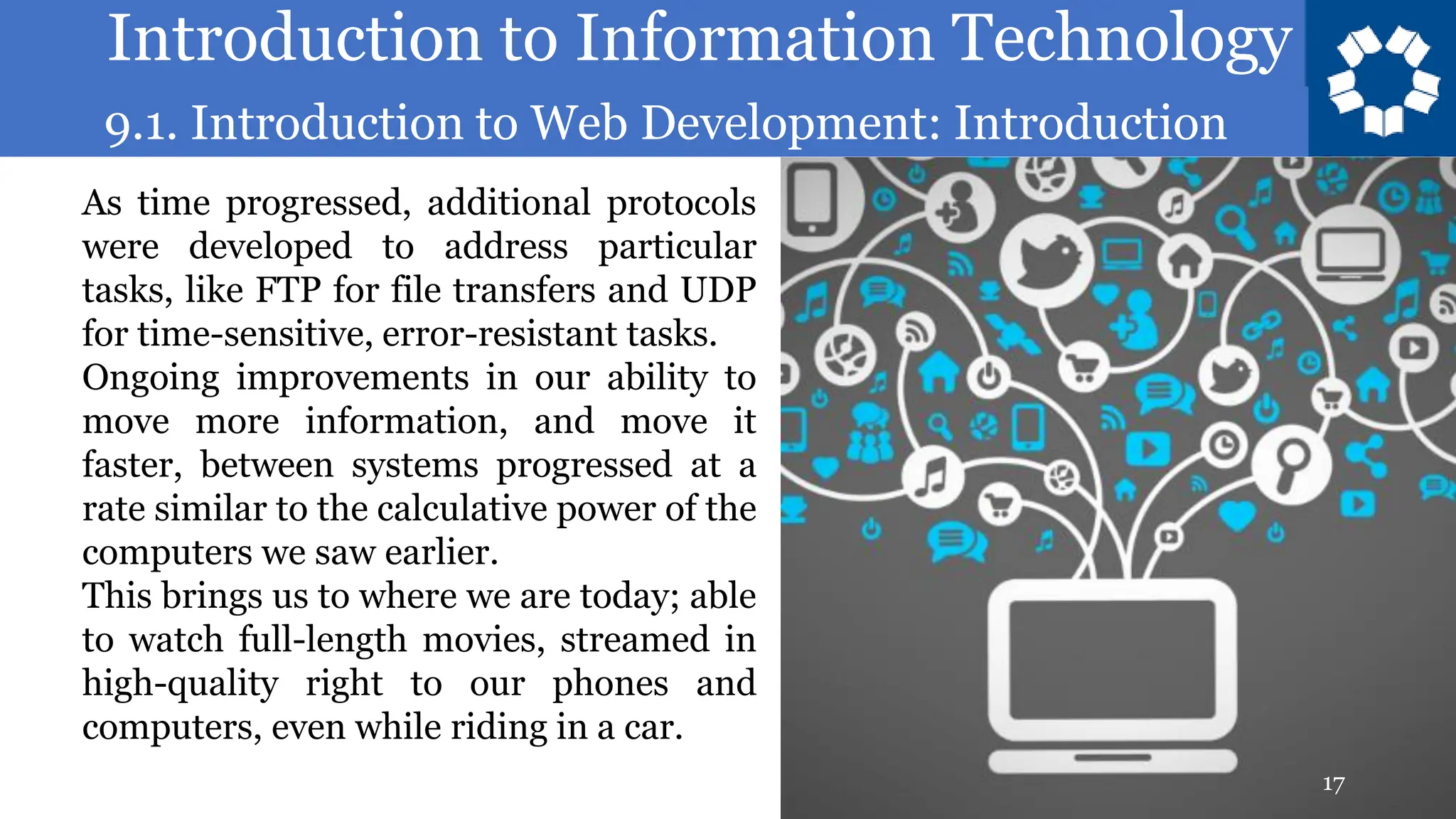 Introduction to Information Technology
9.1. Introduction to Web Development: Introduction
17
As time progressed, additional protocols
were developed to address particular
tasks, like FTP for file transfers and UDP
for time-sensitive, error-resistant tasks.
Ongoing improvements in our ability to
move more information, and move it
faster, between systems progressed at a
rate similar to the calculative power of the
computers we saw earlier.
This brings us to where we are today; able
to watch full-length movies, streamed in
high-quality right to our phones and
computers, even while riding in a car.
 