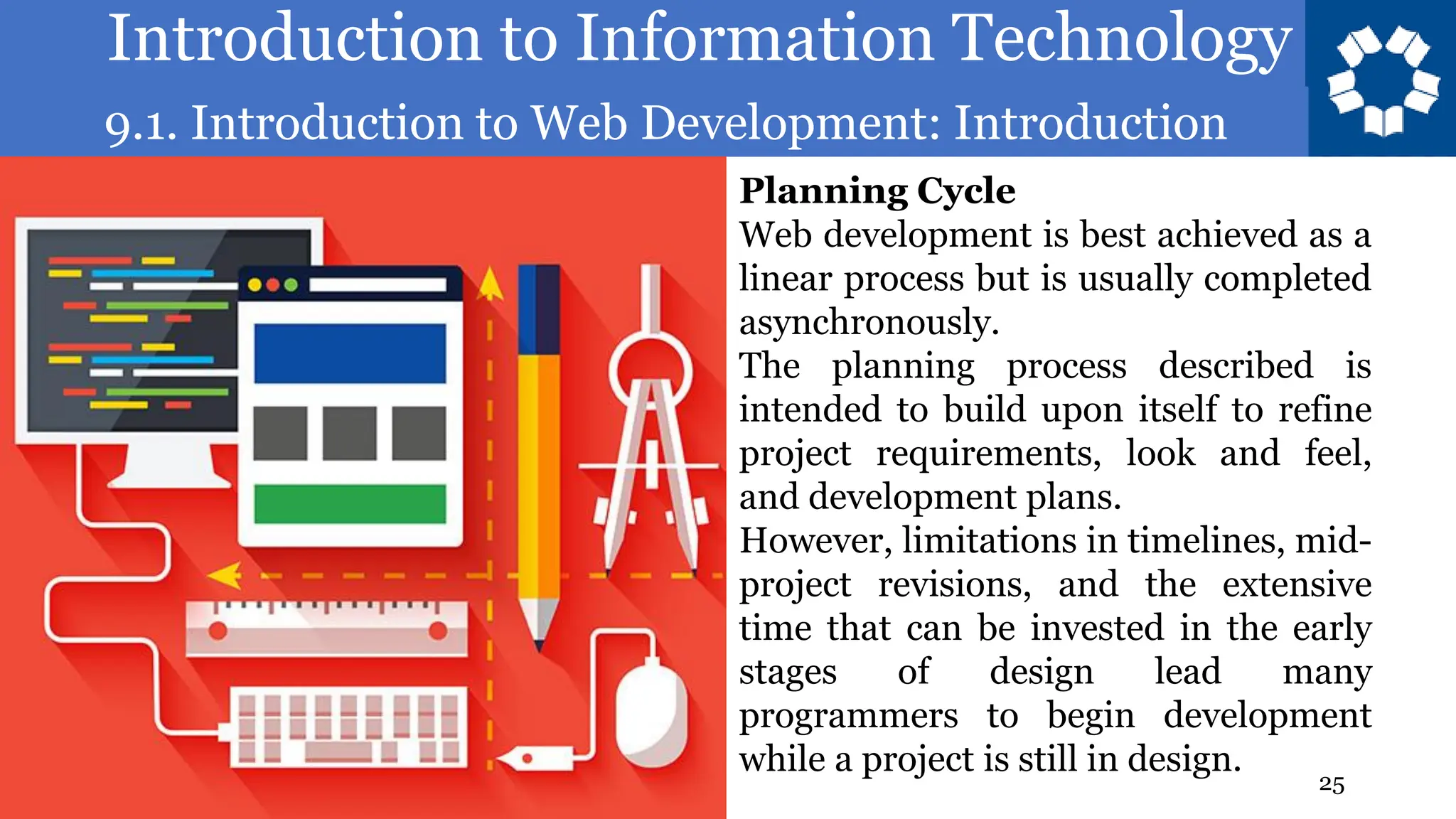 Introduction to Information Technology
9.1. Introduction to Web Development: Introduction
25
Planning Cycle
Web development is best achieved as a
linear process but is usually completed
asynchronously.
The planning process described is
intended to build upon itself to refine
project requirements, look and feel,
and development plans.
However, limitations in timelines, mid-
project revisions, and the extensive
time that can be invested in the early
stages of design lead many
programmers to begin development
while a project is still in design.
 