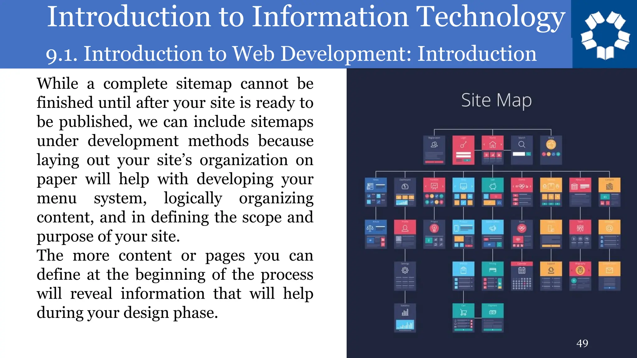 Introduction to Information Technology
9.1. Introduction to Web Development: Introduction
49
While a complete sitemap cannot be
finished until after your site is ready to
be published, we can include sitemaps
under development methods because
laying out your site’s organization on
paper will help with developing your
menu system, logically organizing
content, and in defining the scope and
purpose of your site.
The more content or pages you can
define at the beginning of the process
will reveal information that will help
during your design phase.
 