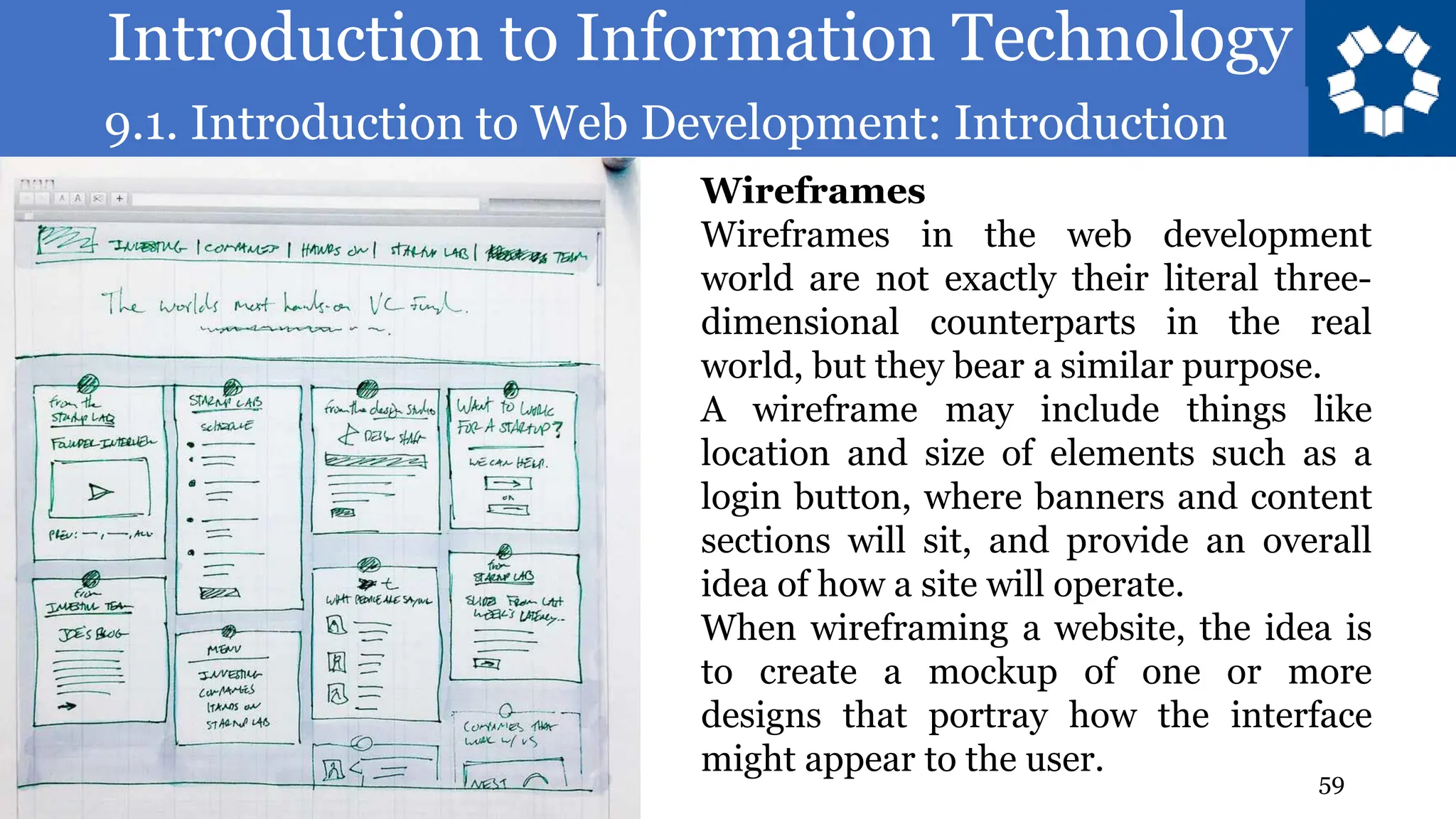 Introduction to Information Technology
9.1. Introduction to Web Development: Introduction
59
Wireframes
Wireframes in the web development
world are not exactly their literal three-
dimensional counterparts in the real
world, but they bear a similar purpose.
A wireframe may include things like
location and size of elements such as a
login button, where banners and content
sections will sit, and provide an overall
idea of how a site will operate.
When wireframing a website, the idea is
to create a mockup of one or more
designs that portray how the interface
might appear to the user.
 
