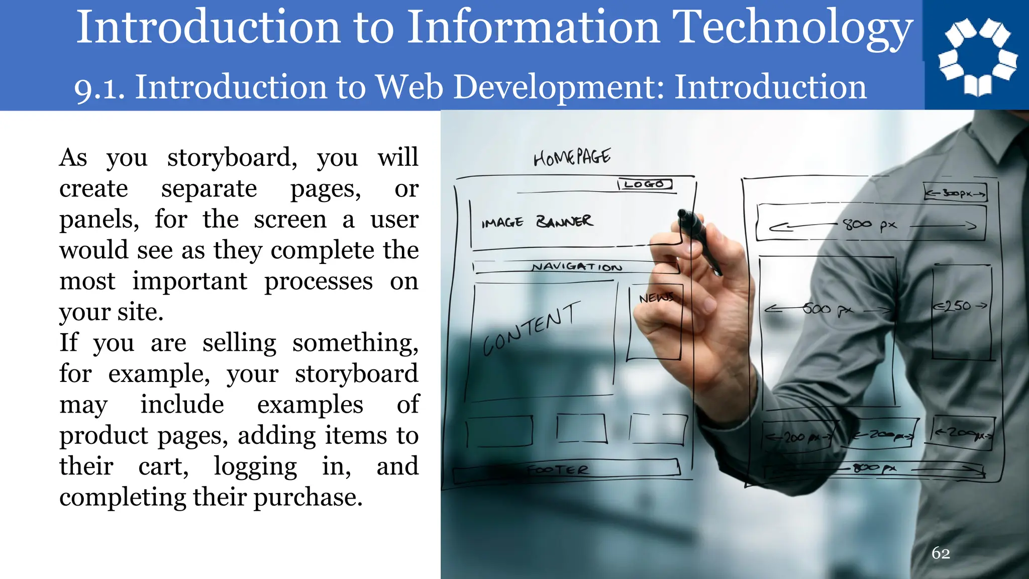 Introduction to Information Technology
9.1. Introduction to Web Development: Introduction
62
As you storyboard, you will
create separate pages, or
panels, for the screen a user
would see as they complete the
most important processes on
your site.
If you are selling something,
for example, your storyboard
may include examples of
product pages, adding items to
their cart, logging in, and
completing their purchase.
 