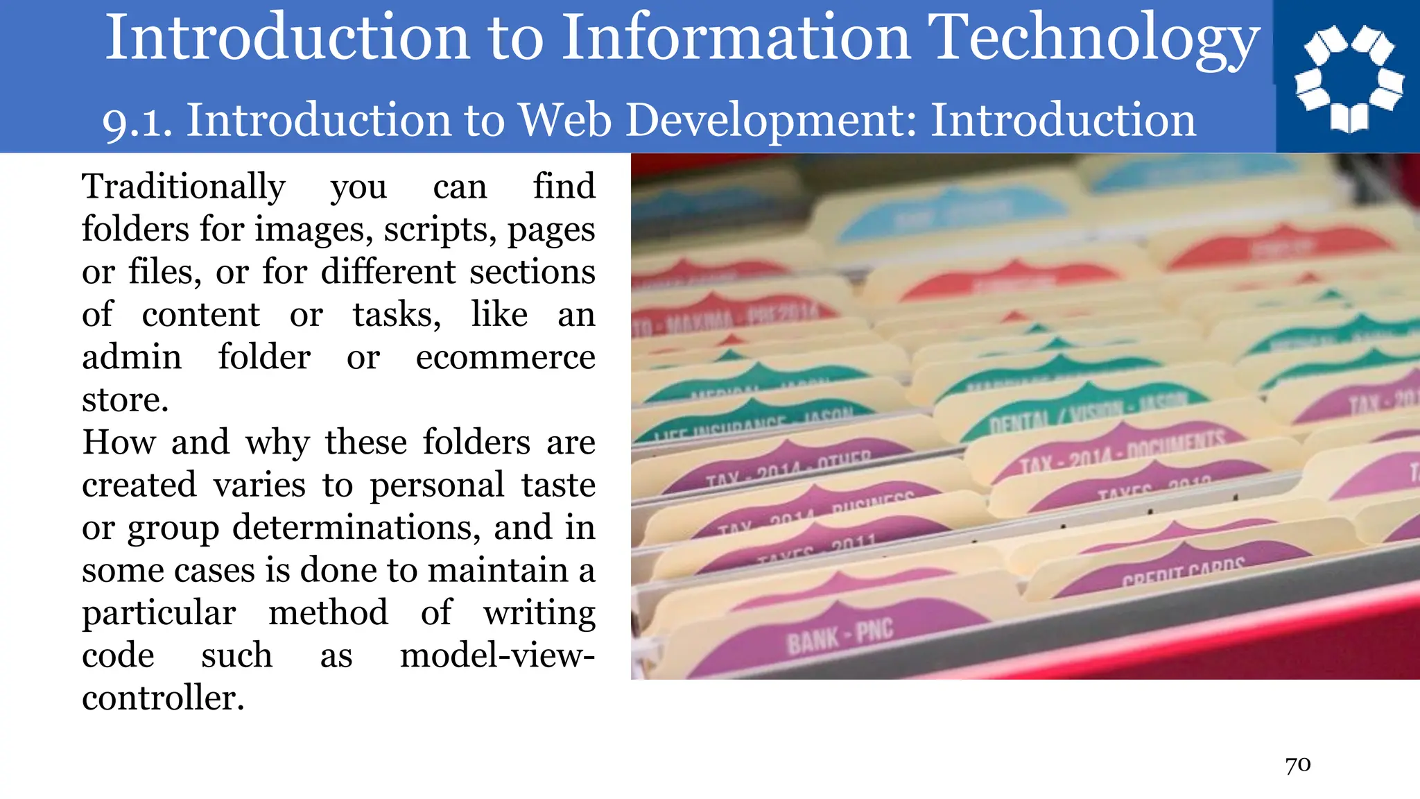 Introduction to Information Technology
9.1. Introduction to Web Development: Introduction
70
Traditionally you can find
folders for images, scripts, pages
or files, or for different sections
of content or tasks, like an
admin folder or ecommerce
store.
How and why these folders are
created varies to personal taste
or group determinations, and in
some cases is done to maintain a
particular method of writing
code such as model-view-
controller.
 