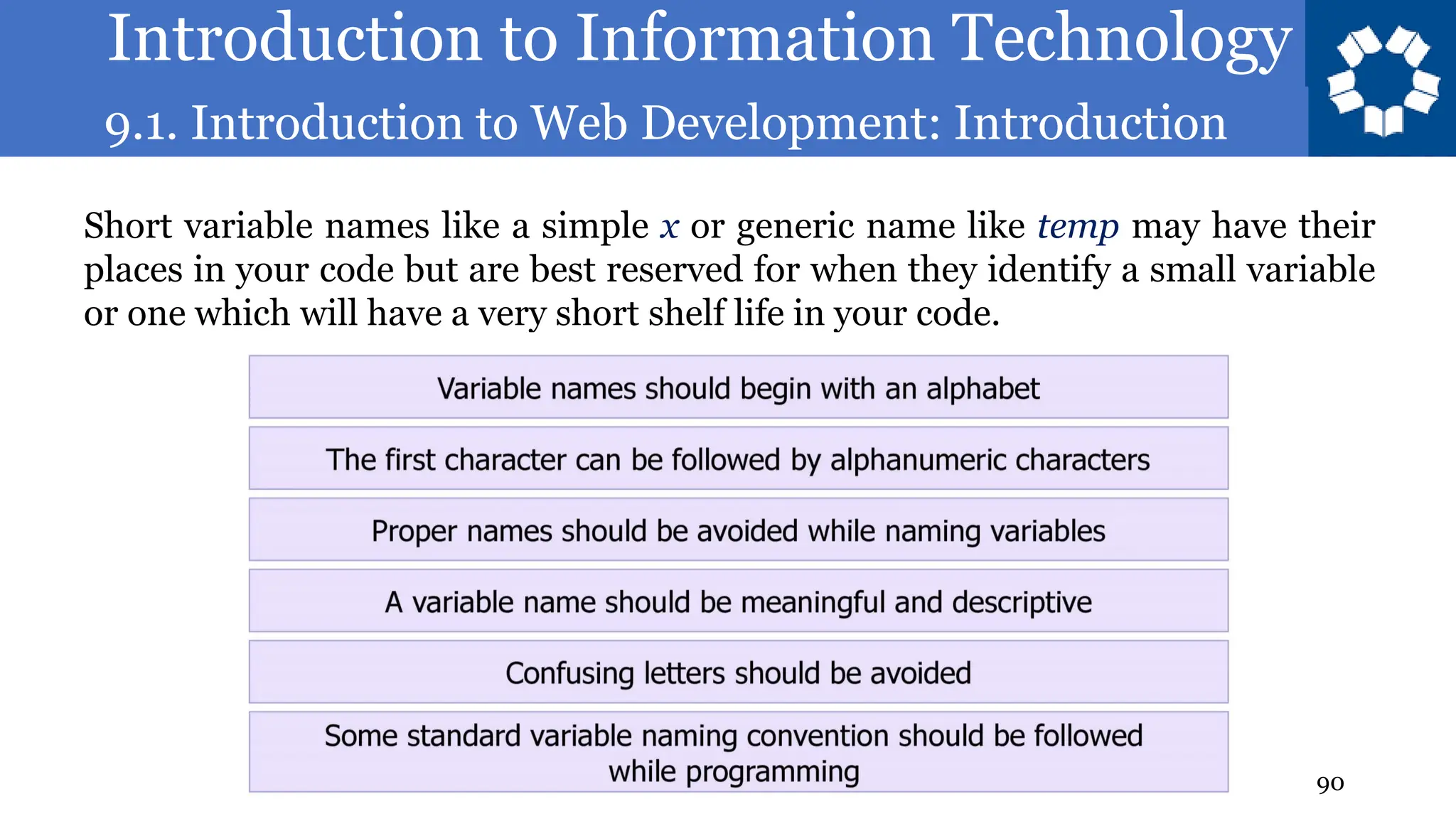 Introduction to Information Technology
9.1. Introduction to Web Development: Introduction
90
Short variable names like a simple x or generic name like temp may have their
places in your code but are best reserved for when they identify a small variable
or one which will have a very short shelf life in your code.
 