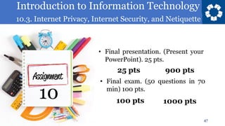 Introduction to Information Technology
10.3. Internet Privacy, Internet Security, and Netiquette
47
10
• Final presentation. (Present your
PowerPoint). 25 pts.
25 pts
1000 pts
• Final exam. (50 questions in 70
min) 100 pts.
100 pts
900 pts
 