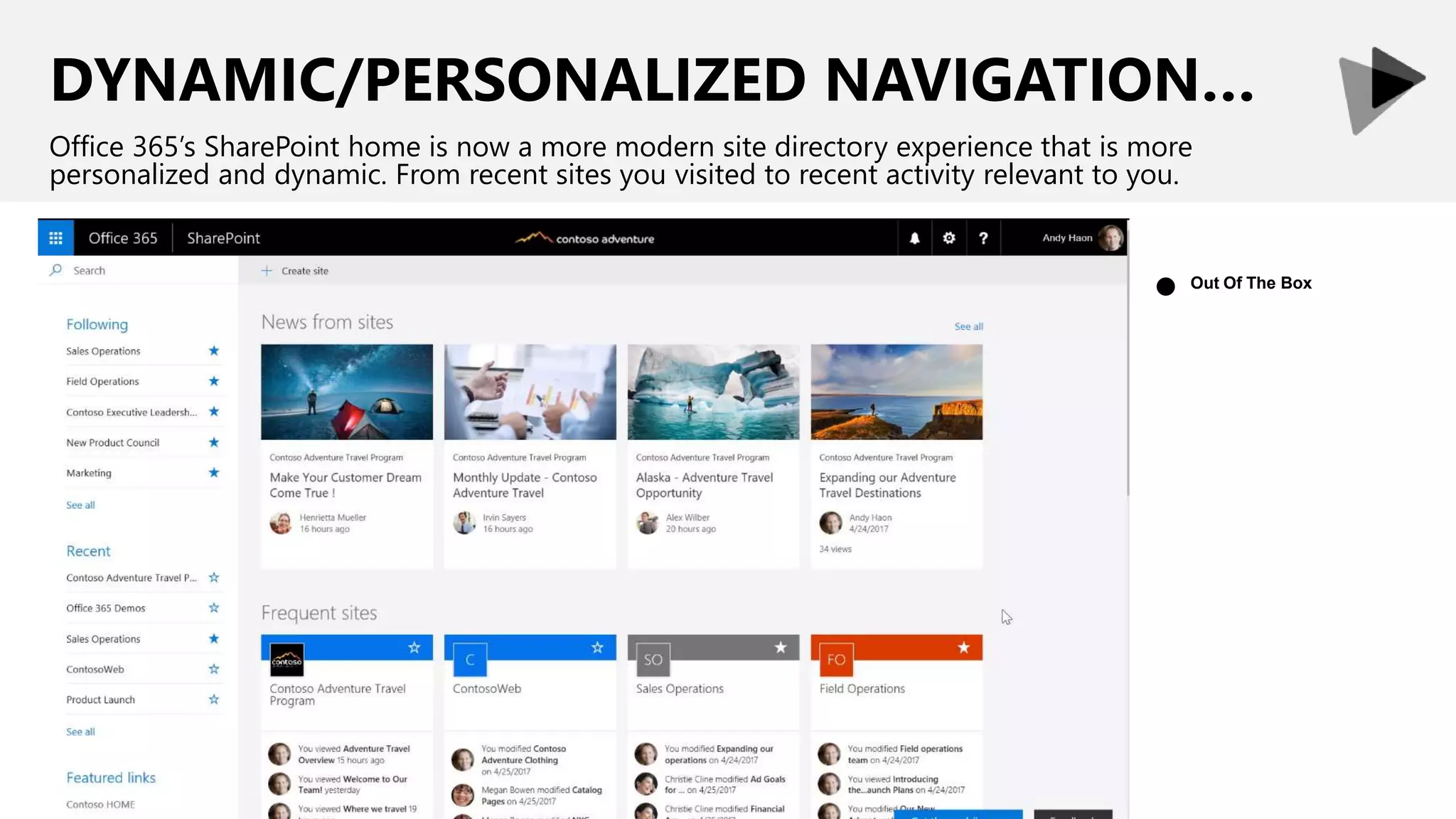 DYNAMIC/PERSONALIZED NAVIGATION…
Office 365’s SharePoint home is now a more modern site directory experience that is more
personalized and dynamic. From recent sites you visited to recent activity relevant to you.
Out Of The Box
●
 