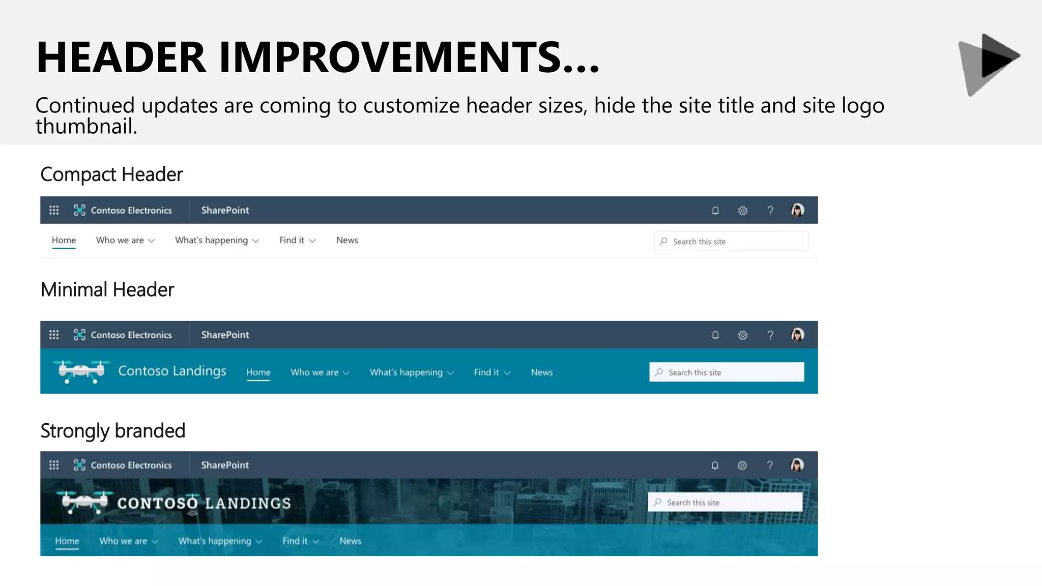 HEADER IMPROVEMENTS…
Continued updates are coming to customize header sizes, hide the site title and site logo
thumbnail.
Minimal Header
Compact Header
Strongly branded
 