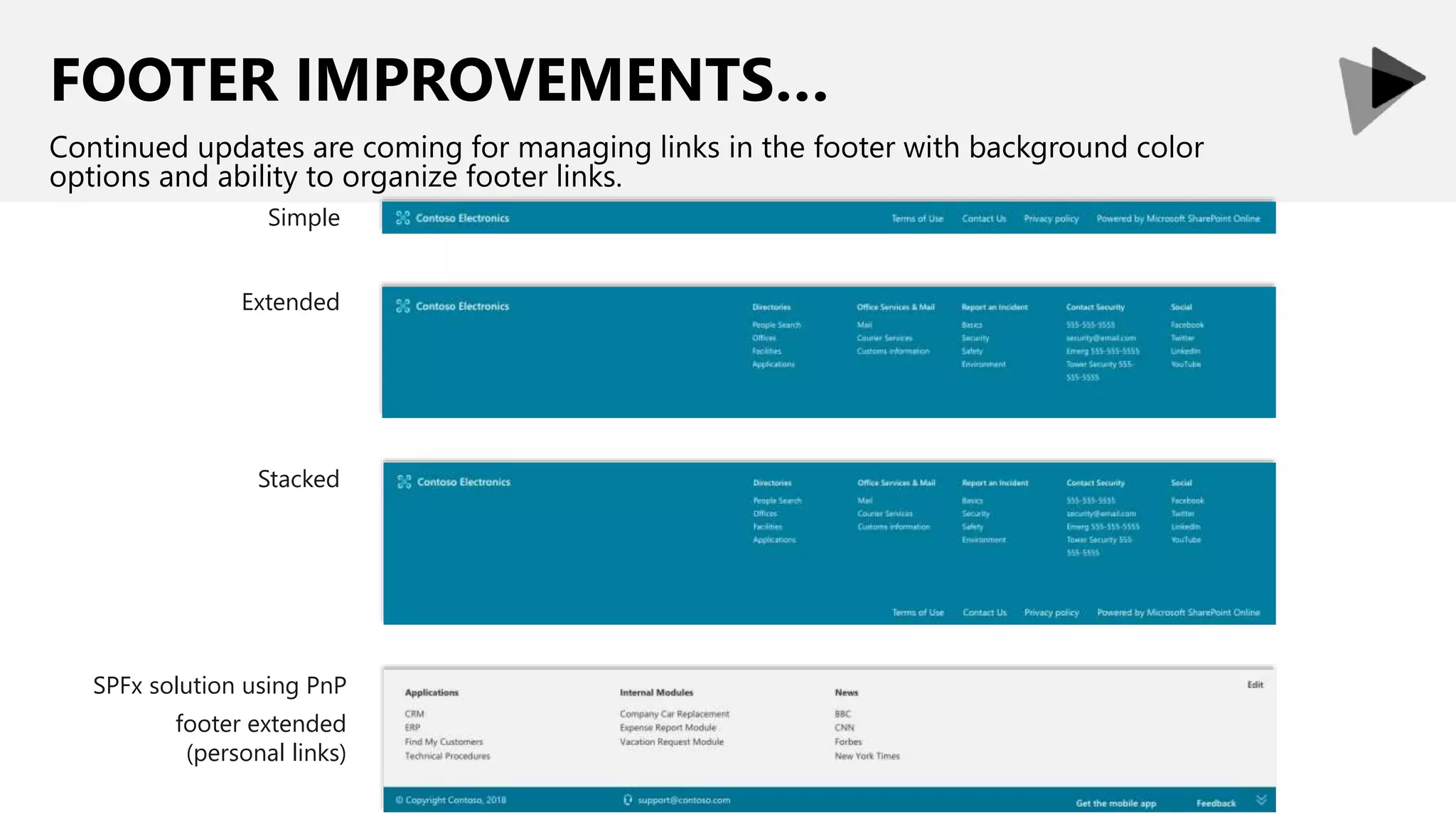 FOOTER IMPROVEMENTS…
Continued updates are coming for managing links in the footer with background color
options and ability to organize footer links.
Extended
Simple
Stacked
SPFx solution using PnP
footer extended
(personal links)
 