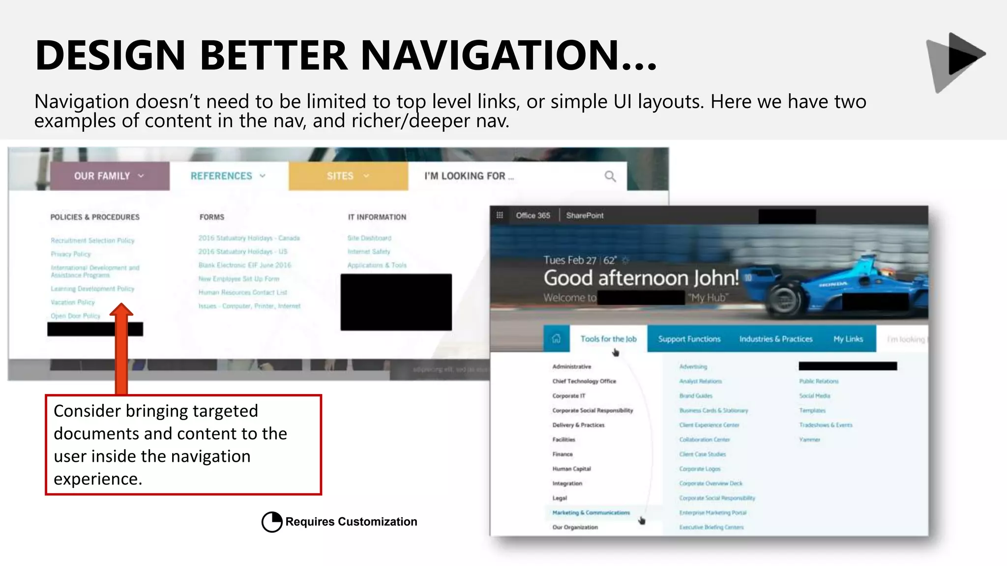 DESIGN BETTER NAVIGATION…
Navigation doesn’t need to be limited to top level links, or simple UI layouts. Here we have two
examples of content in the nav, and richer/deeper nav.
Consider bringing targeted
documents and content to the
user inside the navigation
experience.
Requires Customization
◔
 