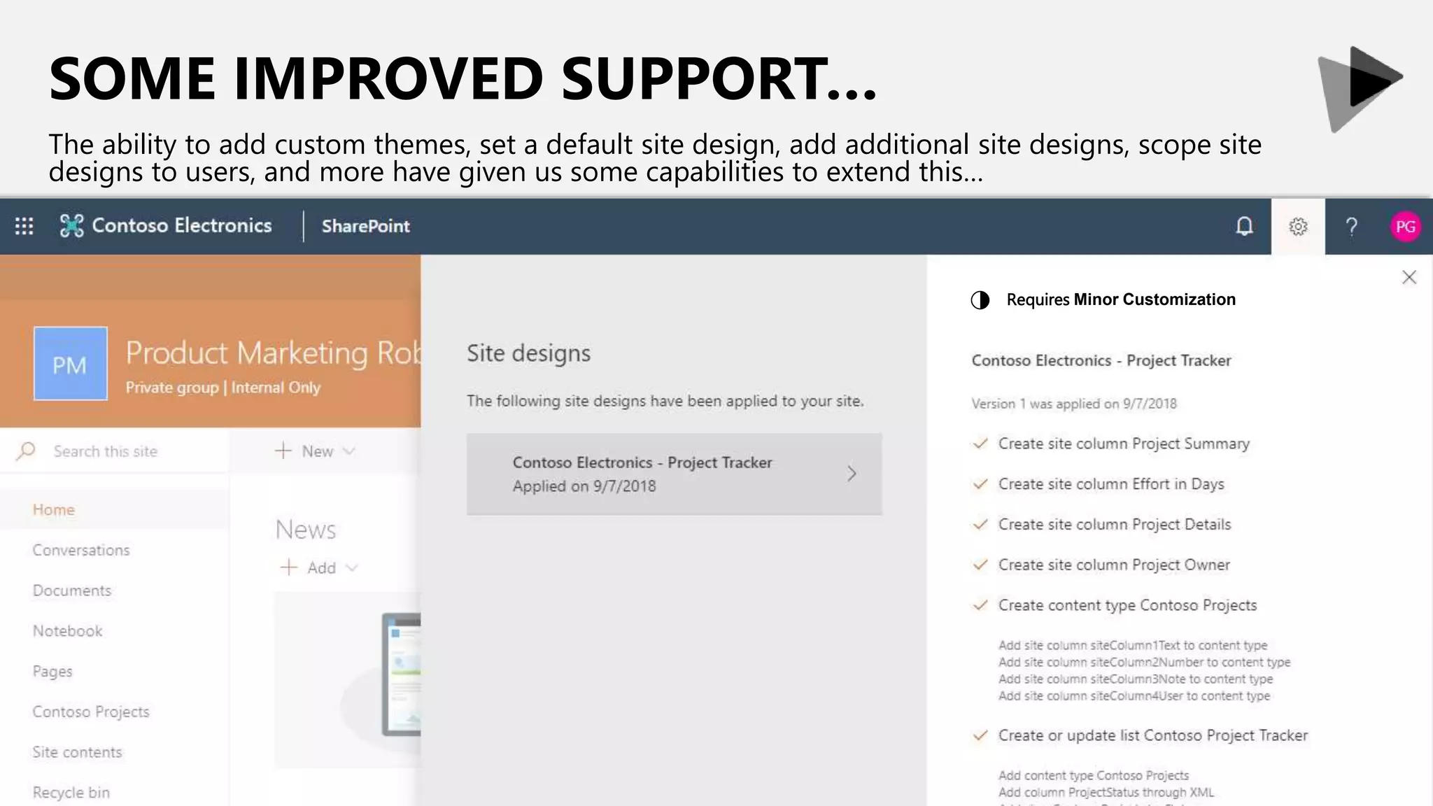 SOME IMPROVED SUPPORT…
The ability to add custom themes, set a default site design, add additional site designs, scope site
designs to users, and more have given us some capabilities to extend this…
Requires Minor Customization
◑
 