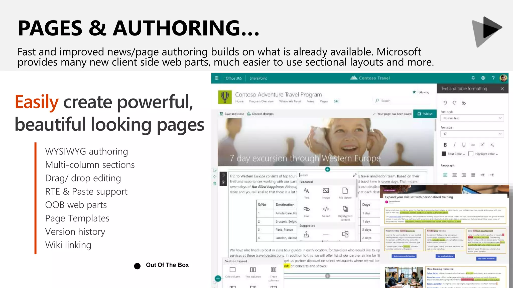 PAGES & AUTHORING…
Fast and improved news/page authoring builds on what is already available. Microsoft
provides many new client side web parts, much easier to use sectional layouts and more.
Easily create powerful,
beautiful looking pages
WYSIWYG authoring
Multi-column sections
Drag/ drop editing
RTE & Paste support
OOB web parts
Page Templates
Version history
Wiki linking
Out Of The Box
●
 