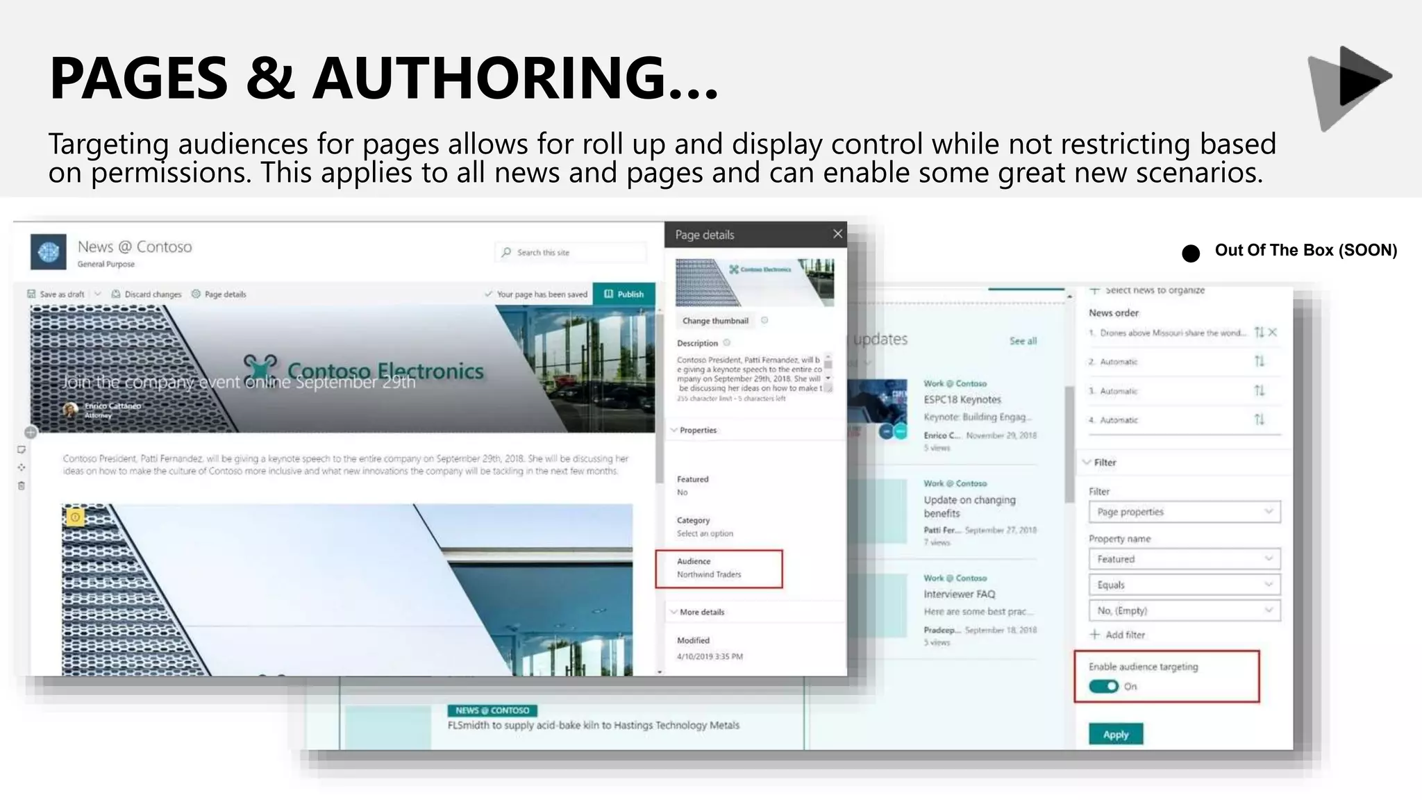 PAGES & AUTHORING…
Targeting audiences for pages allows for roll up and display control while not restricting based
on permissions. This applies to all news and pages and can enable some great new scenarios.
Out Of The Box (SOON)
●
 
