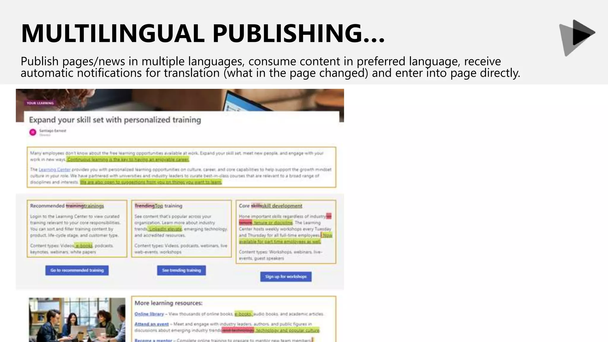 MULTILINGUAL PUBLISHING…
Publish pages/news in multiple languages, consume content in preferred language, receive
automatic notifications​ for translation (what in the page changed) and enter into page directly.
 