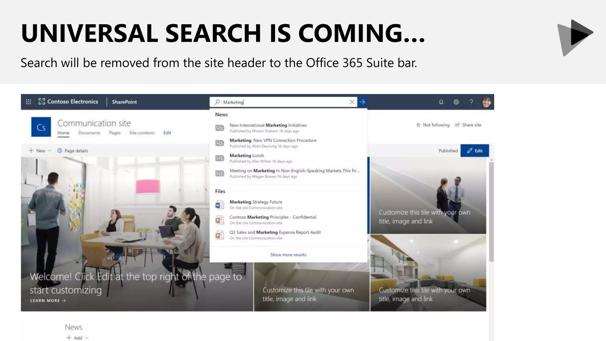 UNIVERSAL SEARCH IS COMING…
Search will be removed from the site header to the Office 365 Suite bar.
 