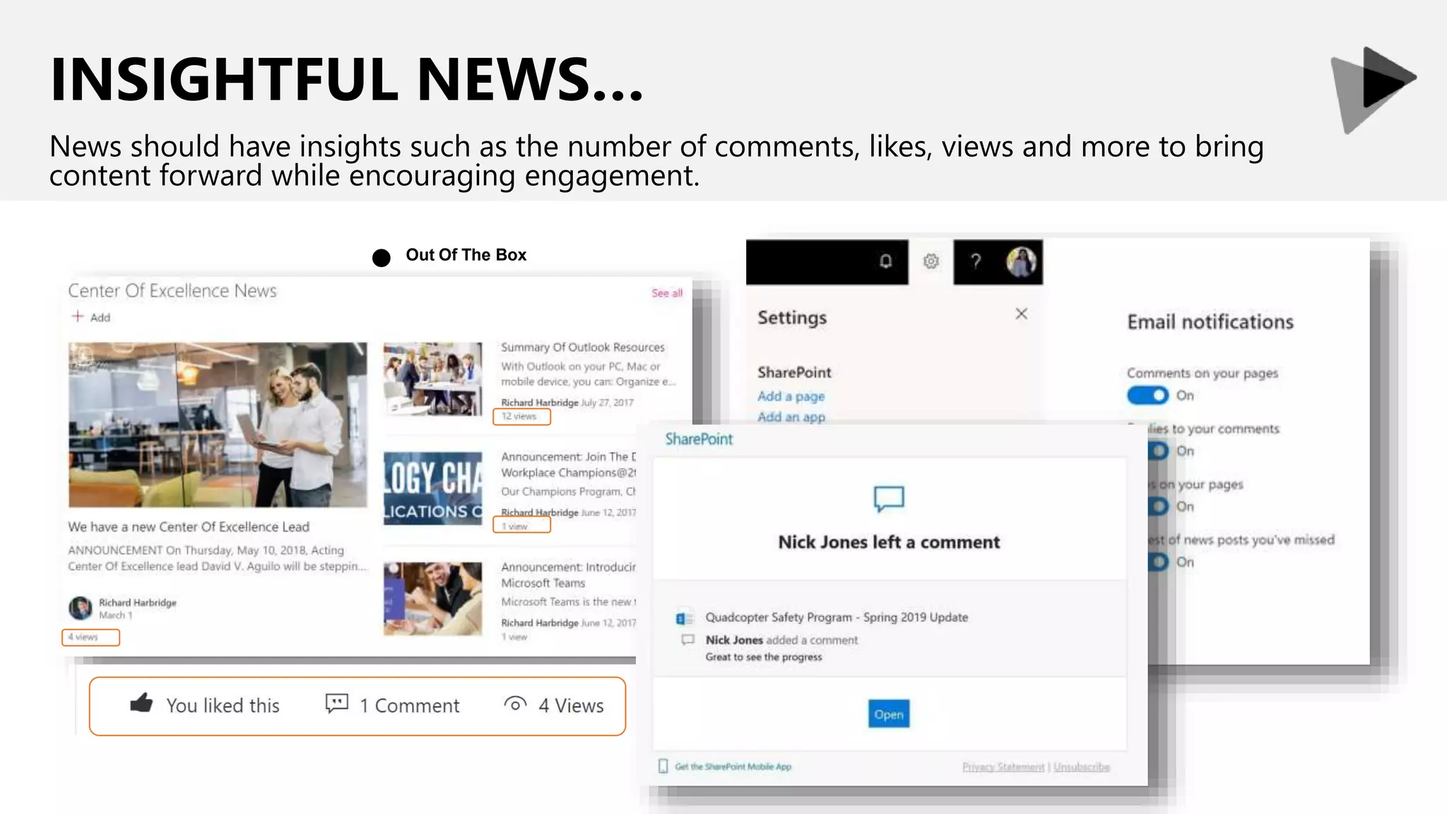 INSIGHTFUL NEWS…
News should have insights such as the number of comments, likes, views and more to bring
content forward while encouraging engagement.
Out Of The Box
●
 