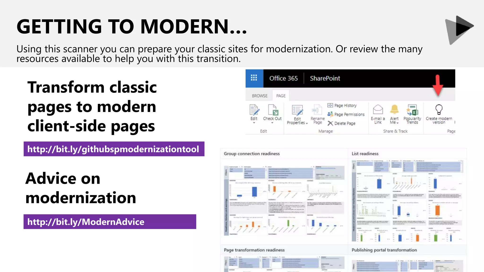 GETTING TO MODERN…
Using this scanner you can prepare your classic sites for modernization. Or review the many
resources available to help you with this transition.
Transform classic
pages to modern
client-side pages
http://bit.ly/githubspmodernizationtool
Advice on
modernization
http://bit.ly/ModernAdvice
 