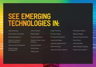 Show Floor Offerings/Product Categories Represented on the 
Show Floor (page 3) 
Simple infographics or list displaying the 27 product categories 
(maybe with the floorplan watermarked in the background?) – 
you’ve got this original file as Ned designed it. 
Audio Processing 
Audio Systems & Acoustics 
Building Management 
Cabling / Connectors / 
Signal Management 
Conferencing & Collaboration 
Content Creation 
& Management 
Control Systems 
Digital Signage 
Energy Management 
Furniture / Racks / Cases 
& Mounts 
Home Automation 
Home Cinema 
HVAC Control 
Image Processing 
Interactive Display 
IP & Network Distribution 
Large Scale Display 
Lighting & Lighting Control 
Media Distribution 
Paging & Evacuation Systems 
Presentation Systems 
Rigging & Staging 
Security & Access Control 
Show Control 
Streaming Media 
Video Projection & Display 
Wireless Communication 
SEE EMERGING 
TECHNOLOGIES IN: 
 