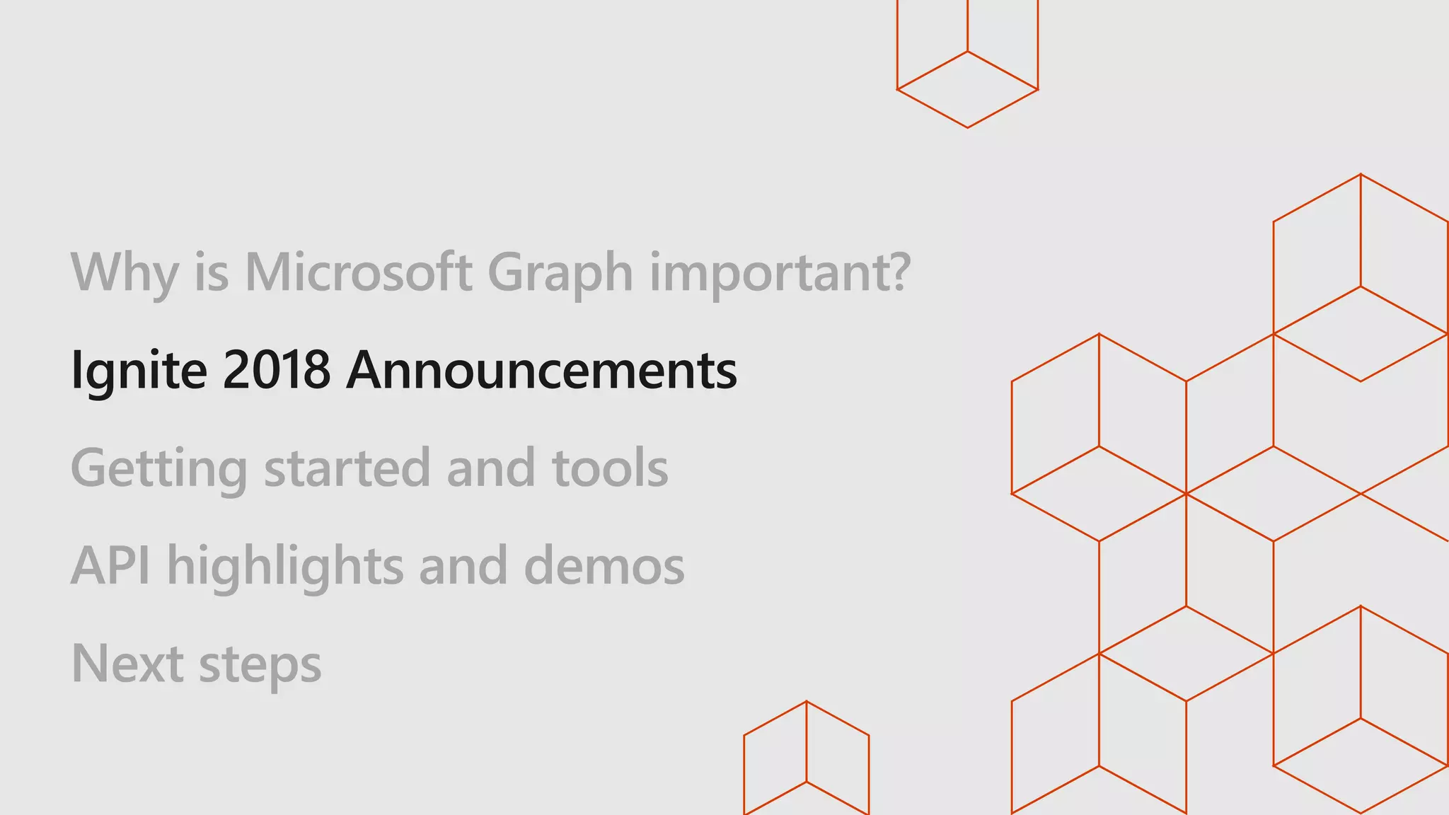 Why is Microsoft Graph important?
Getting started and tools
API highlights and demos
Next steps
 