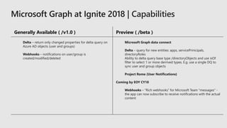 Generally Available ( /v1.0 ) Preview ( /beta )
Delta – return only changed properties for delta query on
Azure AD objects (user and groups)
Webhooks – notifications on user/group is
created/modified/deleted
Microsoft Graph data connect
Delta – query for new entities: apps, servicePrinicipals,
directoryRoles
Ability to delta query base type /directoryObjects and use isOf
filter to select 1 or more derrived types. E.g. use a single DQ to
sync user and group objects
Project Rome (User Notifications)
Coming by EOY CY18
Webhooks – "Rich webhooks" for Microsoft Team "messages" -
the app can now subscribe to receive notifications with the actual
content
Capabilities
 