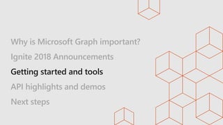 Why is Microsoft Graph important?
Ignite 2018 Announcements
API highlights and demos
Next steps
 