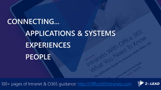 CONNECTING...
APPLICATIONS & SYSTEMS
EXPERIENCES
PEOPLE
100+ pages of Intranet & O365 guidance: http://Office365Intranets.com
 