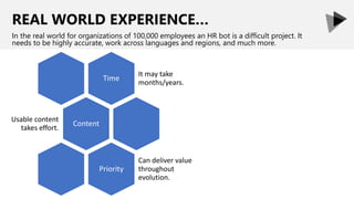 REAL WORLD EXPERIENCE…
In the real world for organizations of 100,000 employees an HR bot is a difficult project. It
needs to be highly accurate, work across languages and regions, and much more.
Time
It may take
months/years.
Content
Usable content
takes effort.
Priority
Can deliver value
throughout
evolution.
 