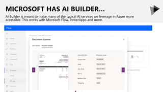 MICROSOFT HAS AI BUILDER…
AI Builder is meant to make many of the typical AI services we leverage in Azure more
accessible. This works with Microsoft Flow, PowerApps and more.
 