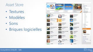 Asset Store
     •   Textures
     •   Modèles
     •   Sons
     •   Briques logicielles



Ecosystème Unity3D - Seb
 